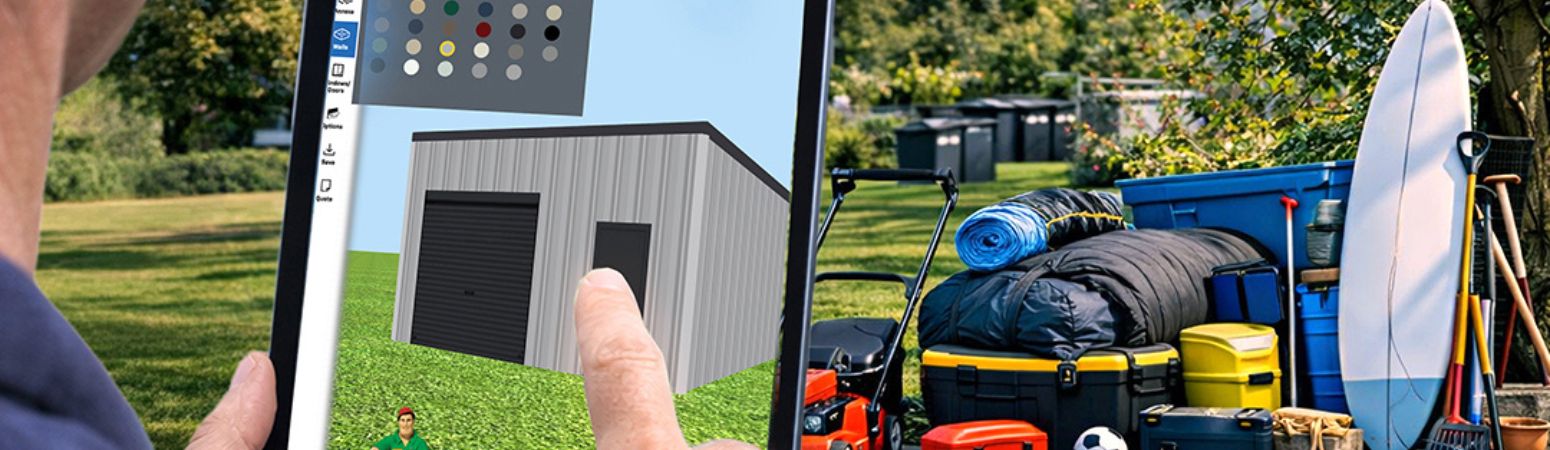 A man using a tablet to design a small shed